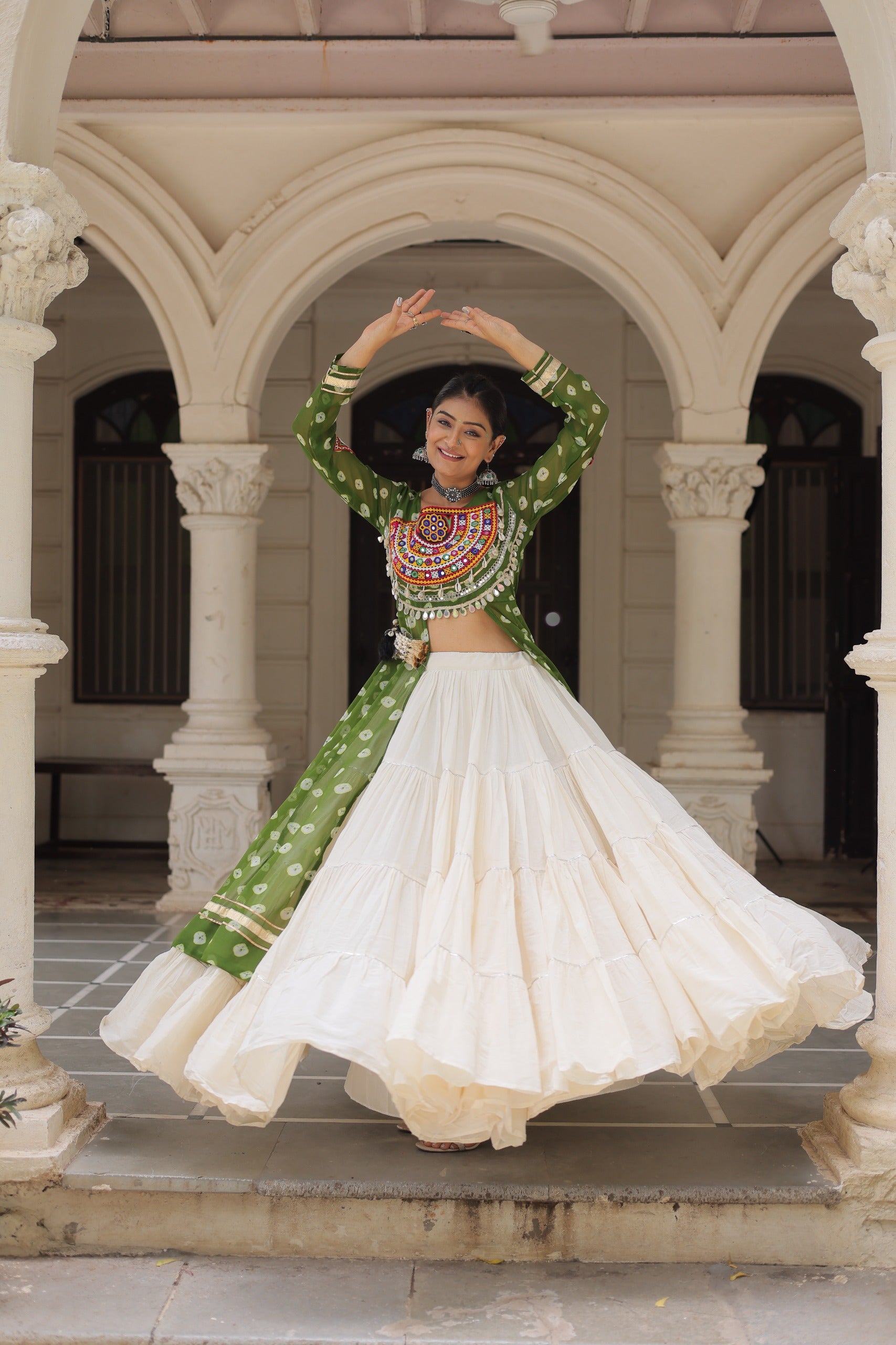 β¨  Navratri Collection - Bandhani Print Kurti with Kora Cotton Lehenga